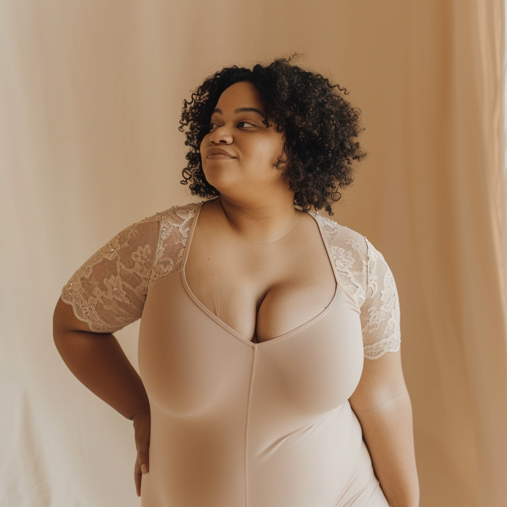 Confident plus-size woman in elegant lace bodysuit.