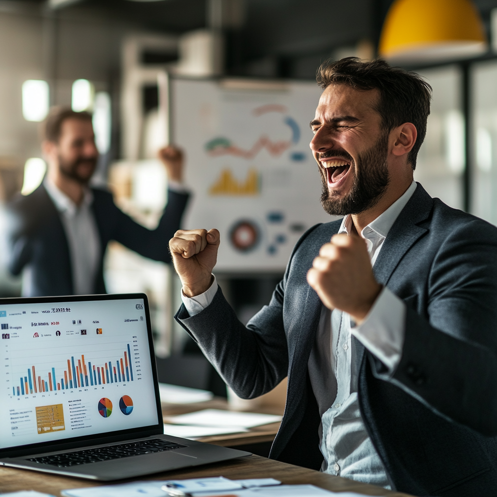 Confident salesman presents product, celebrates successful deal in office.