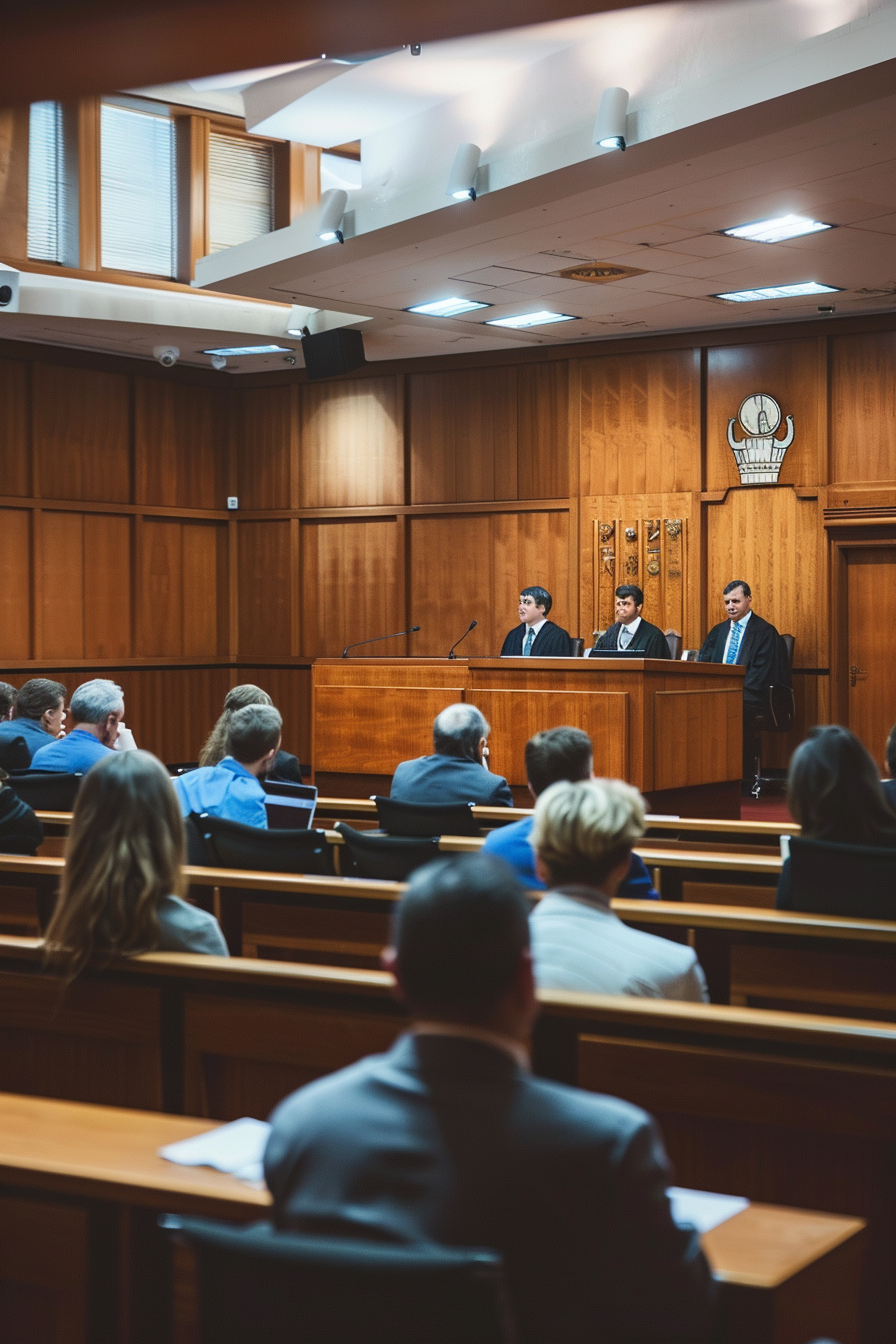 Confident speaker addresses judge in courtroom with lawyers.