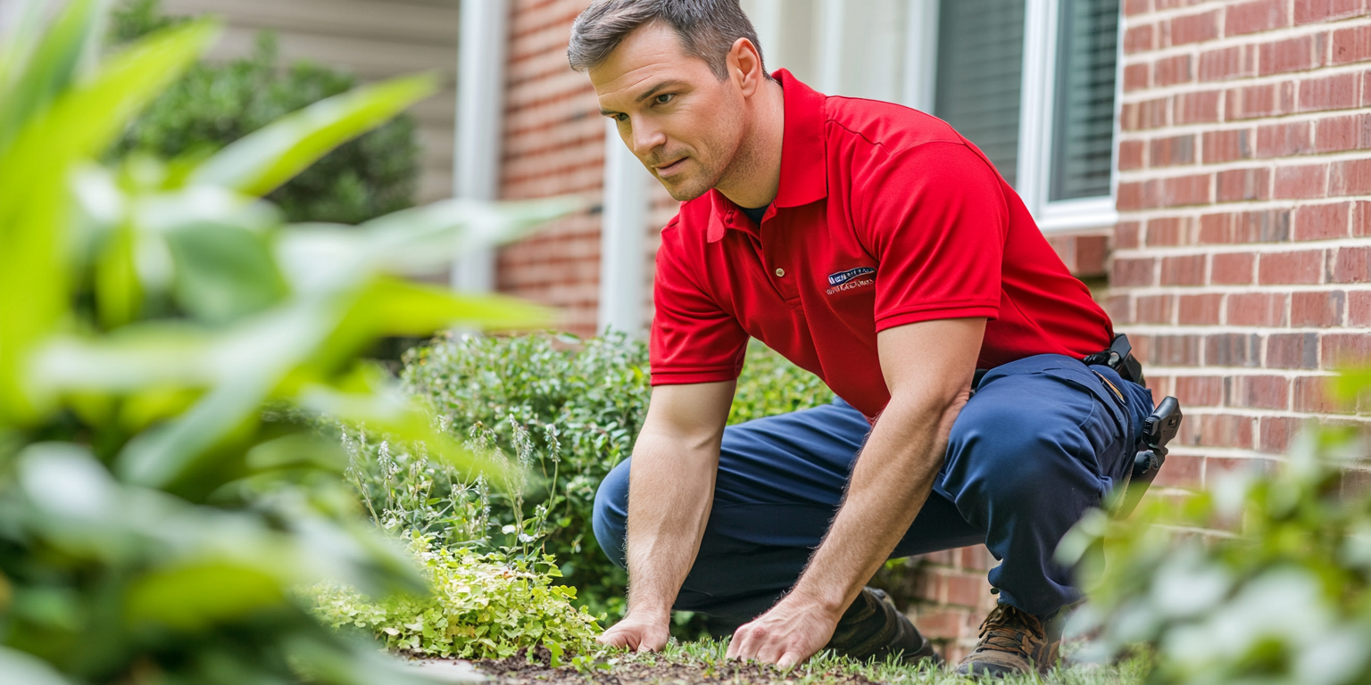 Confident technician inspecting home for rodent entry points.