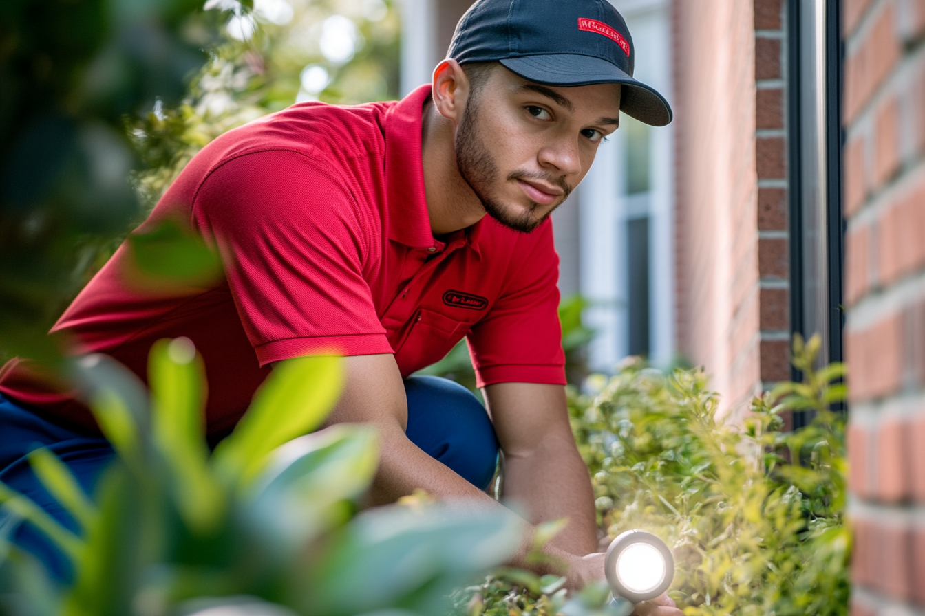 Confident technician inspects home with flashlight, vibrant colors.