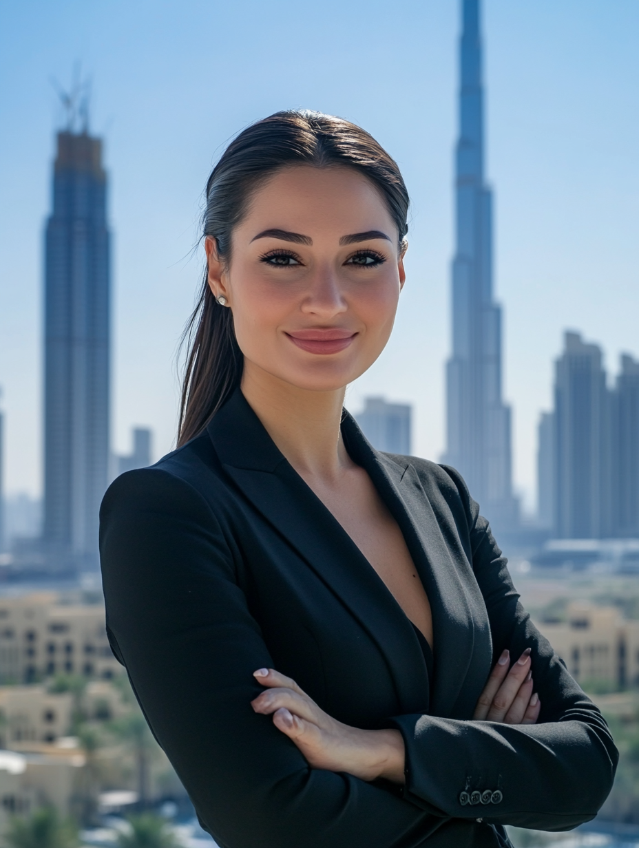 Confident woman in black suit poses in Dubai.