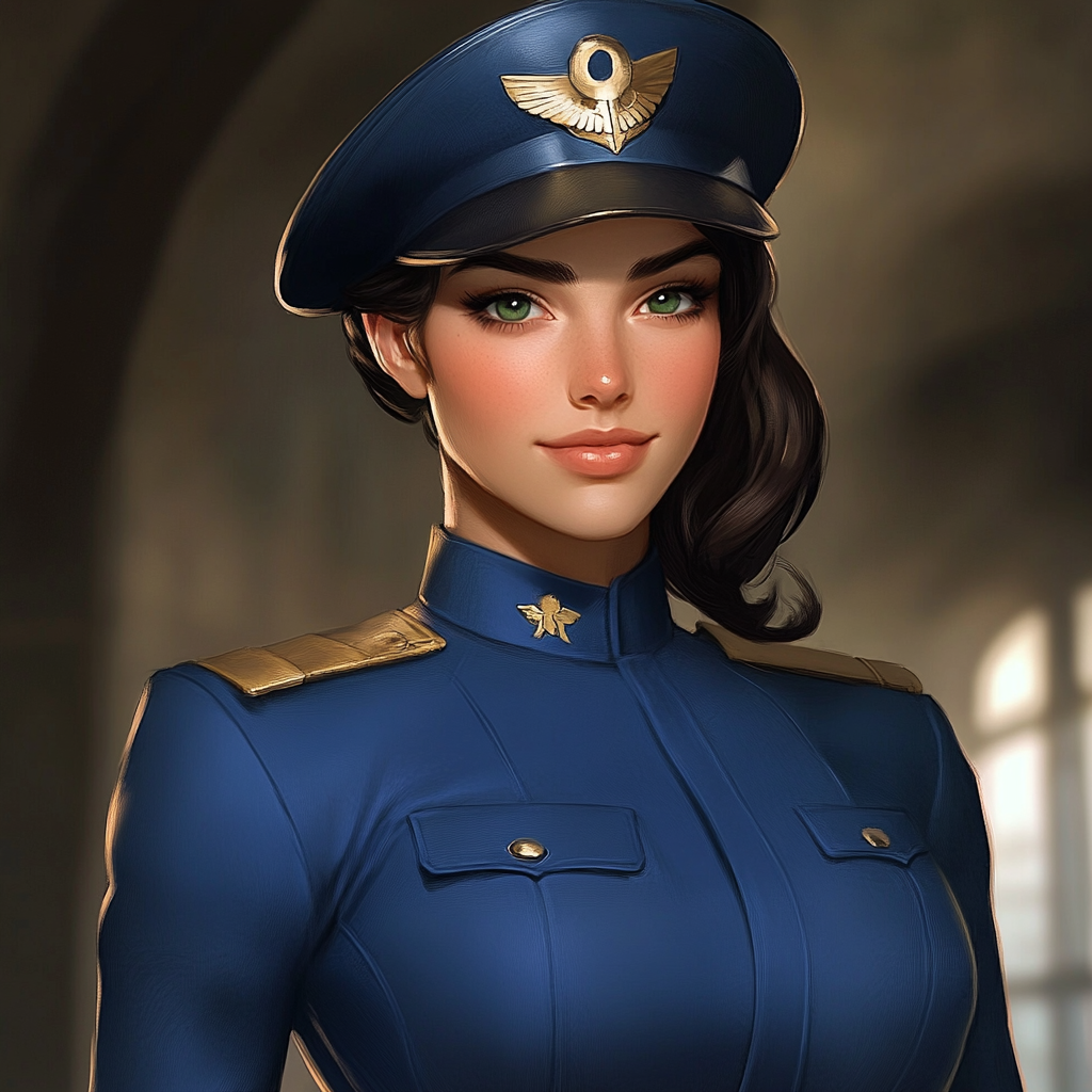 Confident woman in blue military uniform with dark hair.