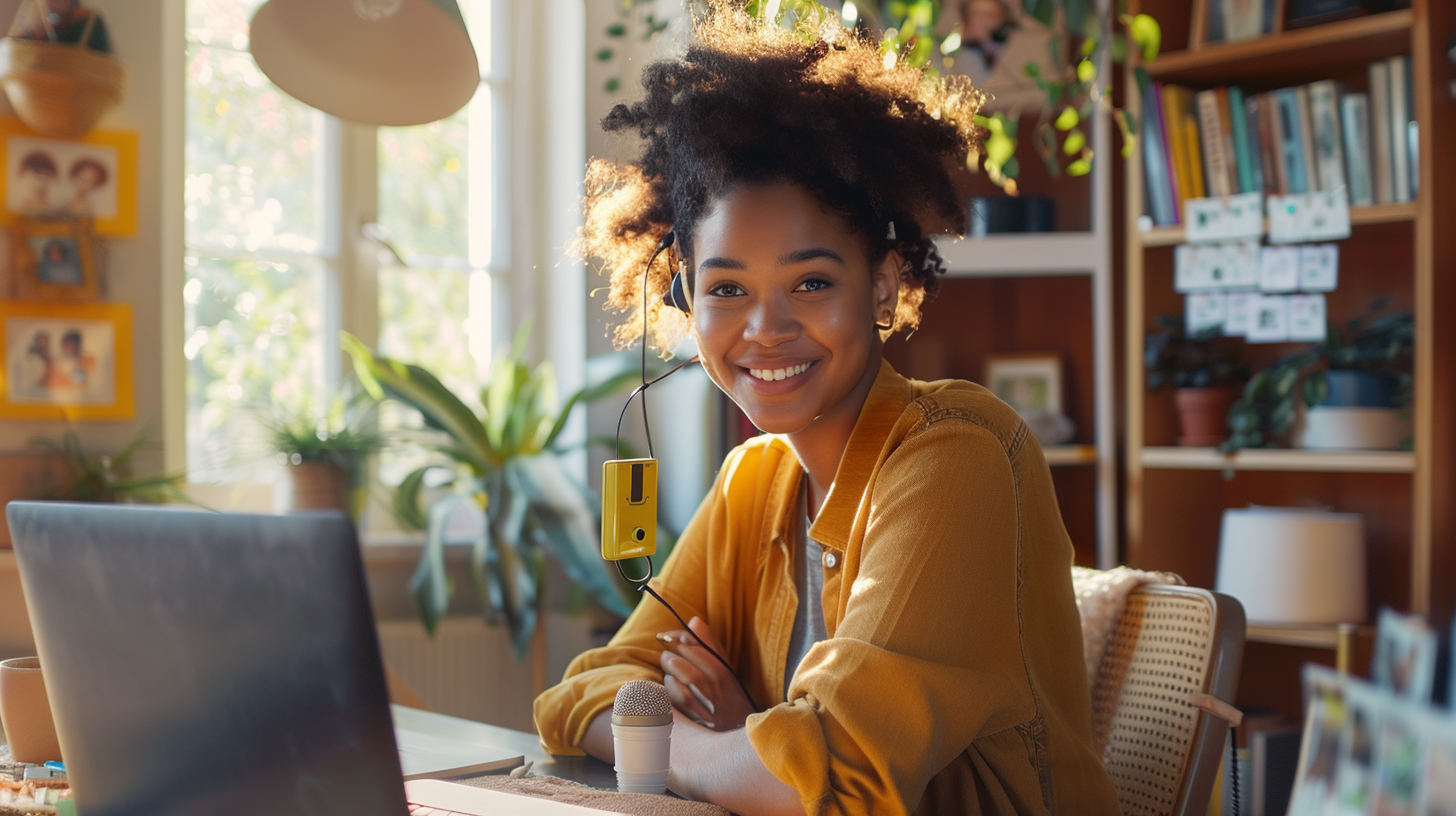 Confident woman joyfully records podcast in chic office.