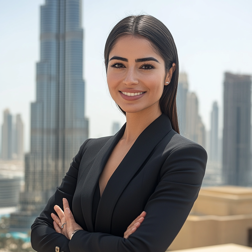 Confident woman smiling at camera with Burj Khalifa view.