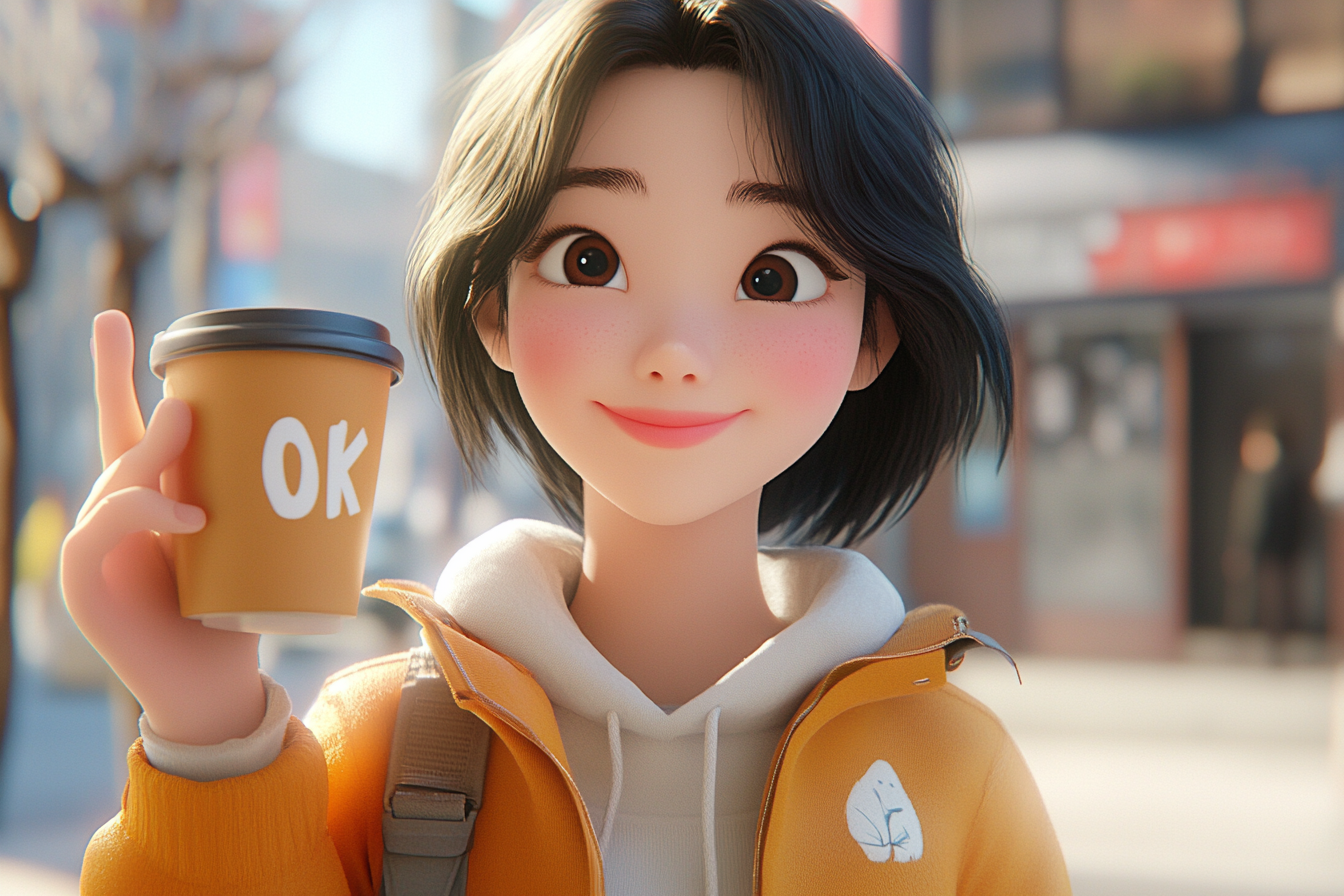 Confident young Korean woman enjoys coffee warmly