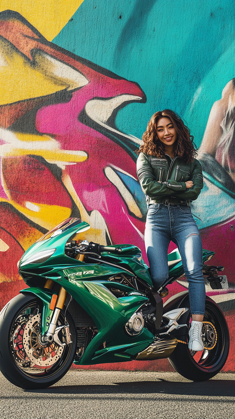 Confident young woman posing with MV Agusta F4