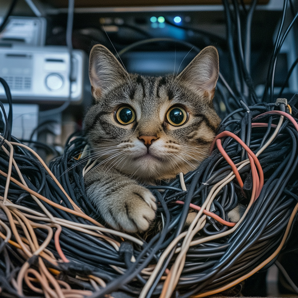 Confused Cat Tangled in Cables on Messy Desk.