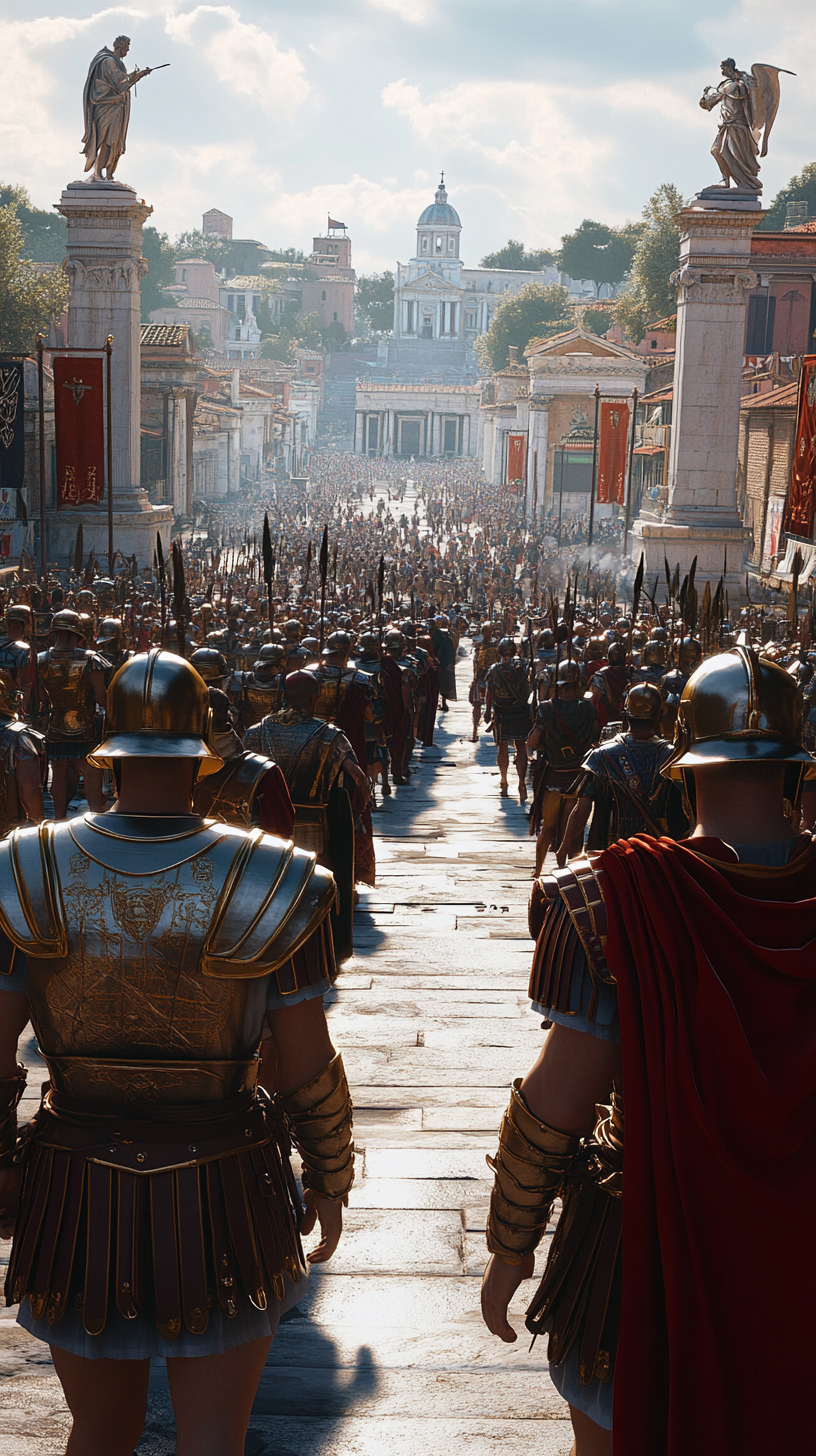 Confused Roman soldiers and citizens in ancient Rome scene.