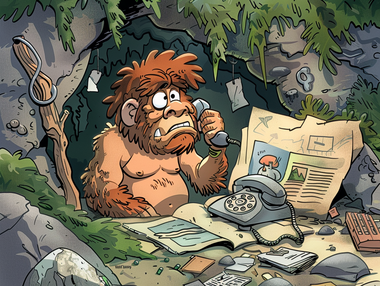 Confused caveman examines old products from time machine.