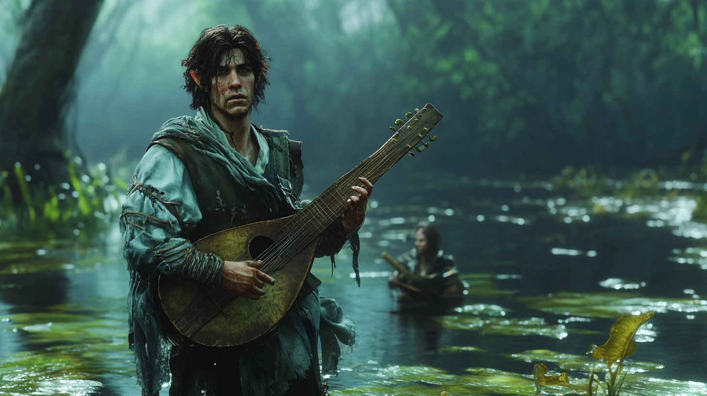 Confused elf bard stands in soggy swamp.