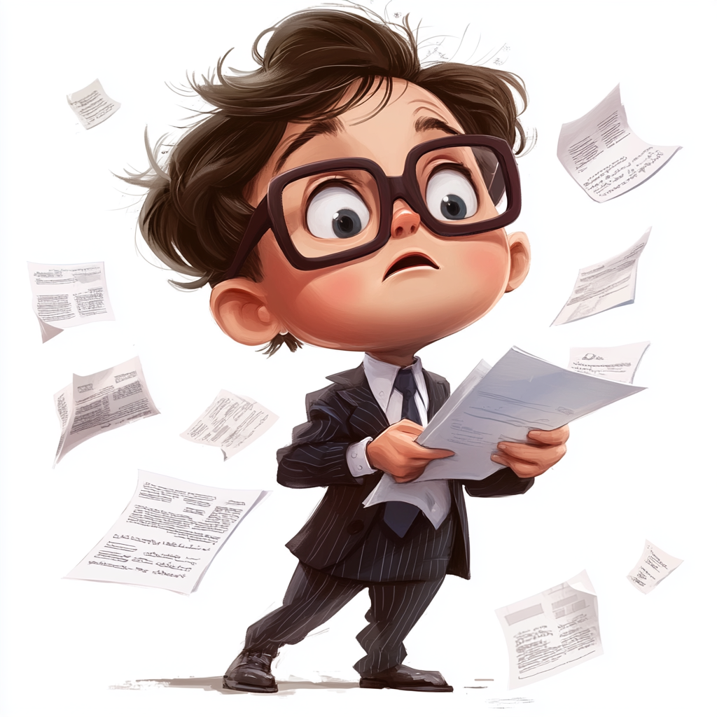 Confused kid in suit with glasses holding paper.