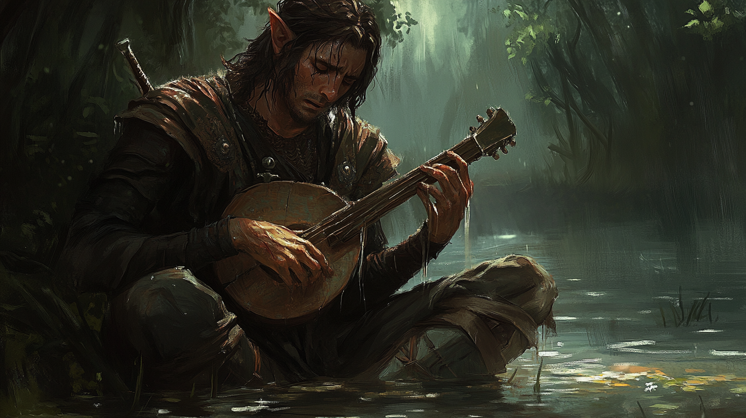 Confused male elf bard cries over broken lute