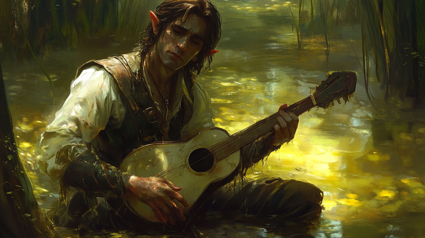 Confused male elf bard with broken lute in swamp.