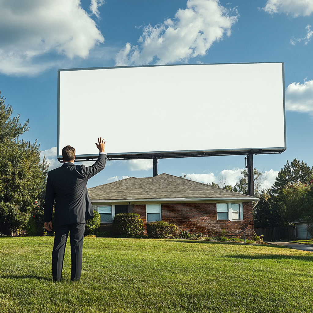 Confused man looks at neighbor's billboard, waving hello.