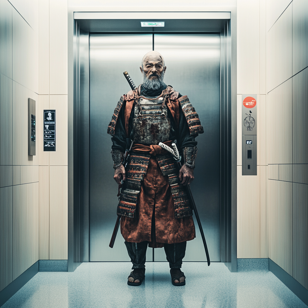 Confused samurai in hospital corridor, surrounded by modernity.