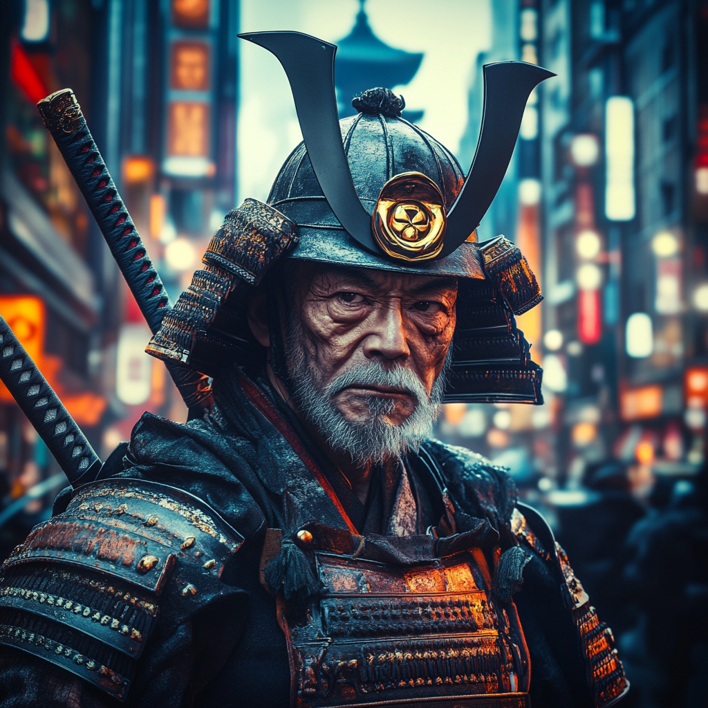 Confused samurai in modern Japan, blending old and new.