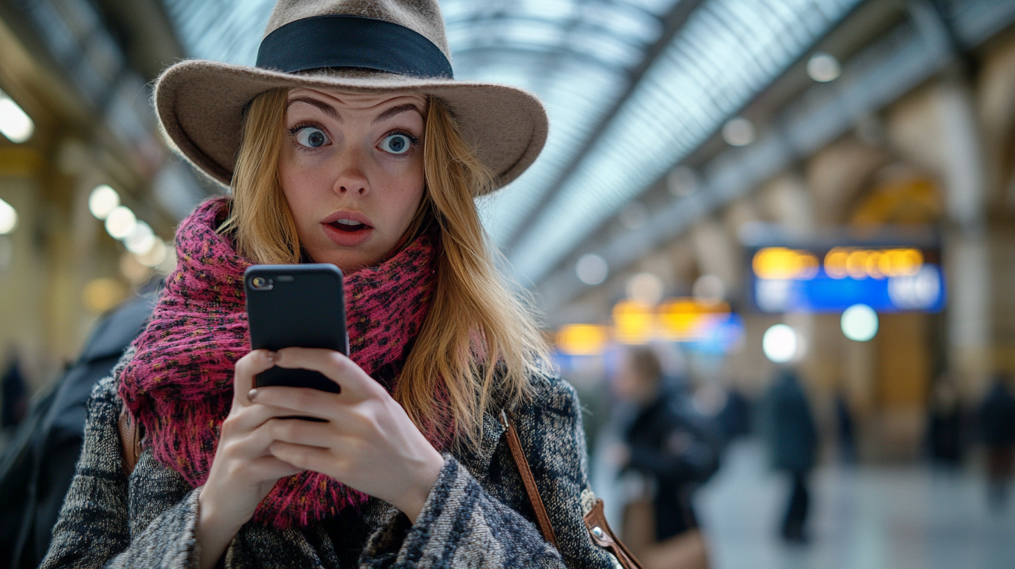 Confused woman at Paddington Station with iPhone.