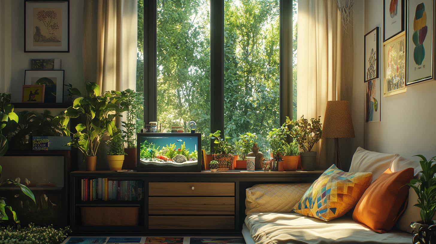 Conservatory with black window frame, cozy sofa, plants