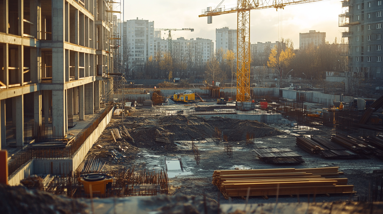 Construction site with cranes, cityscape, building materials, high resolution.