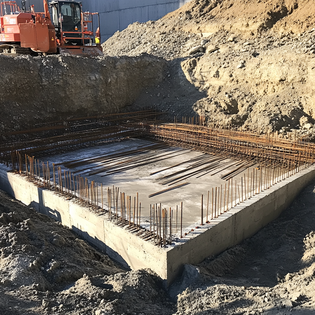 Construction site with poured concrete foundation and rebar sticking out.