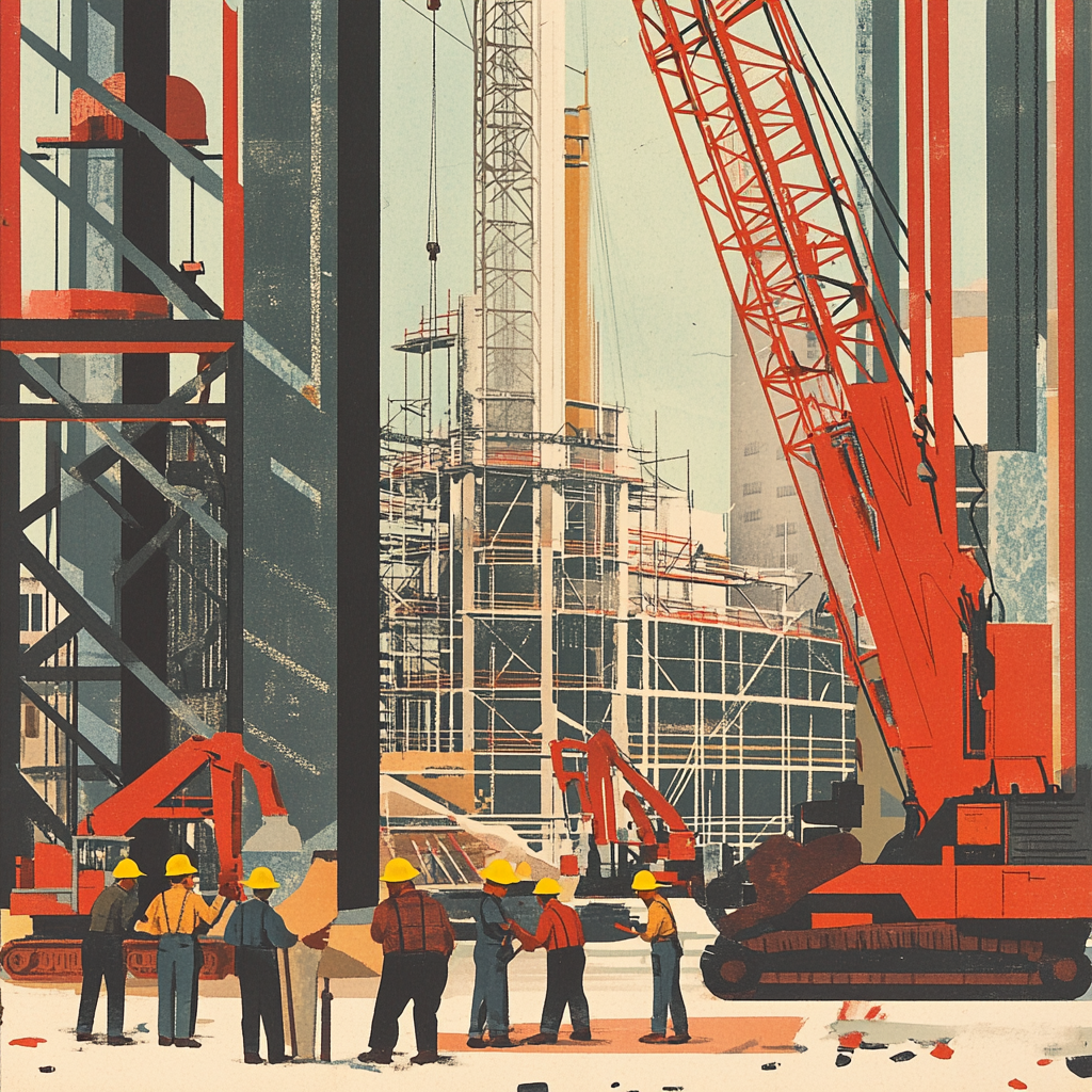 Construction workers in hardhats operating machinery on scaffolding.