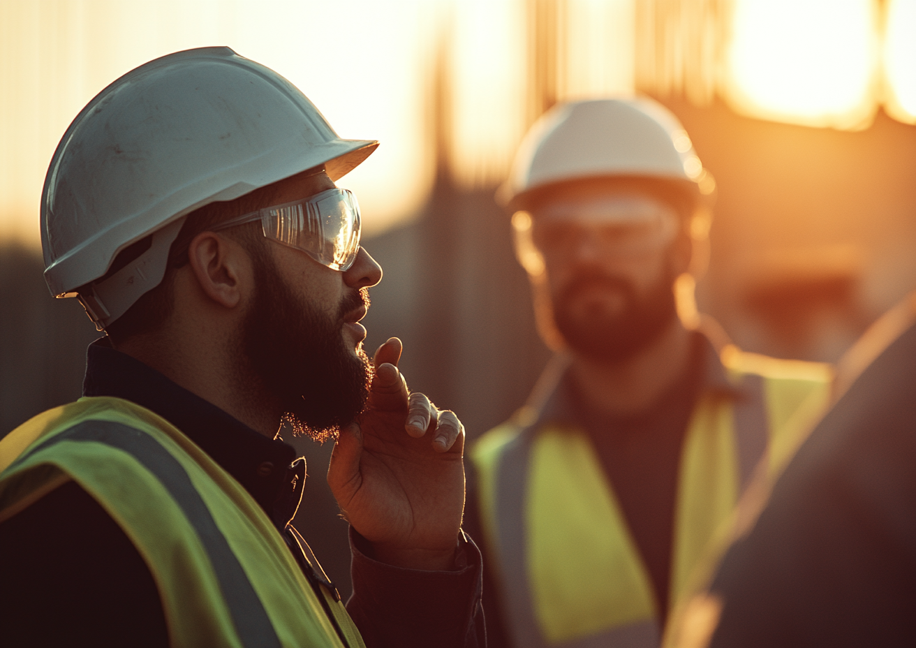 Construction workers talking to supervisor at site, golden hour.