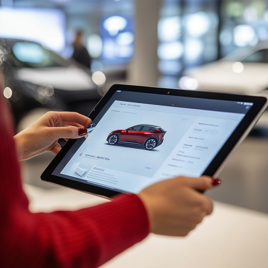 Consumer views electric vehicle details on tablet screen