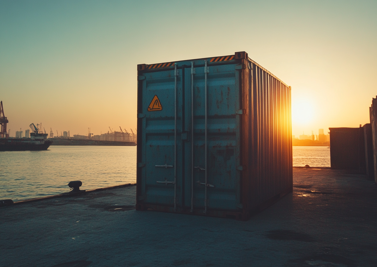 Container in harbor during sunset with dramatic lighting contrasts.