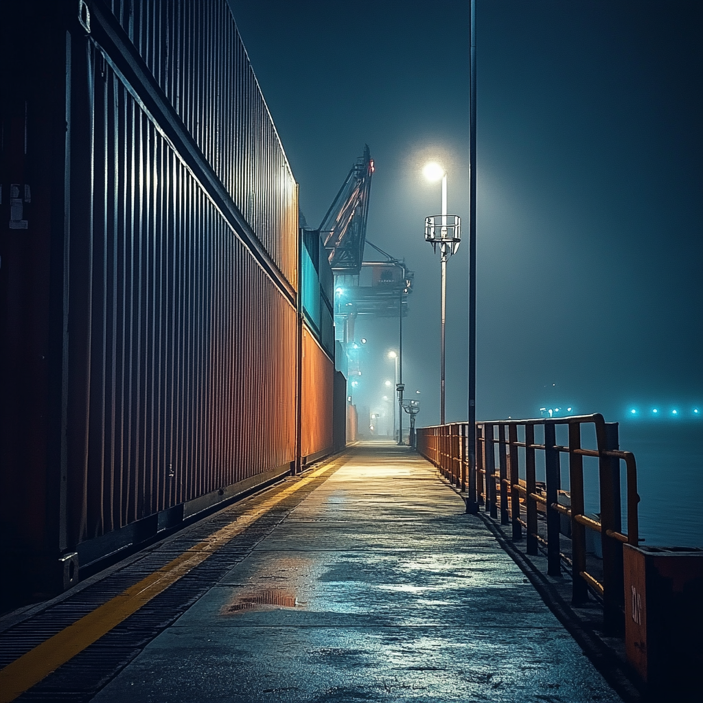 Containerschiff in Dunkelheit mit Wächter und beleuchteter Gangway.