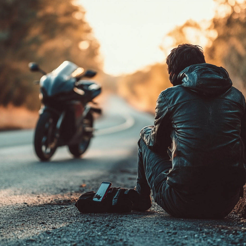 Contemplating rest or medical help after motorcycle breakdown.