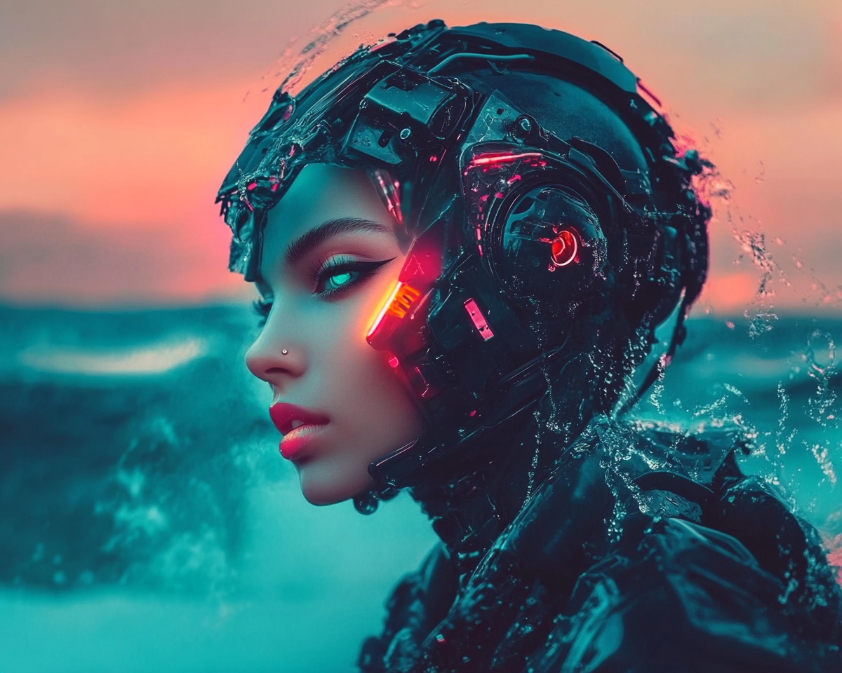 Contemplative cyborg woman by unpredictable sea