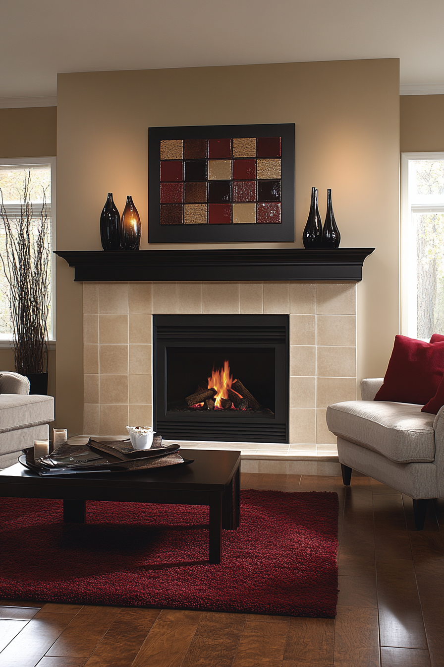 Contemporary Living Room with Vibrant Mantle Tiles