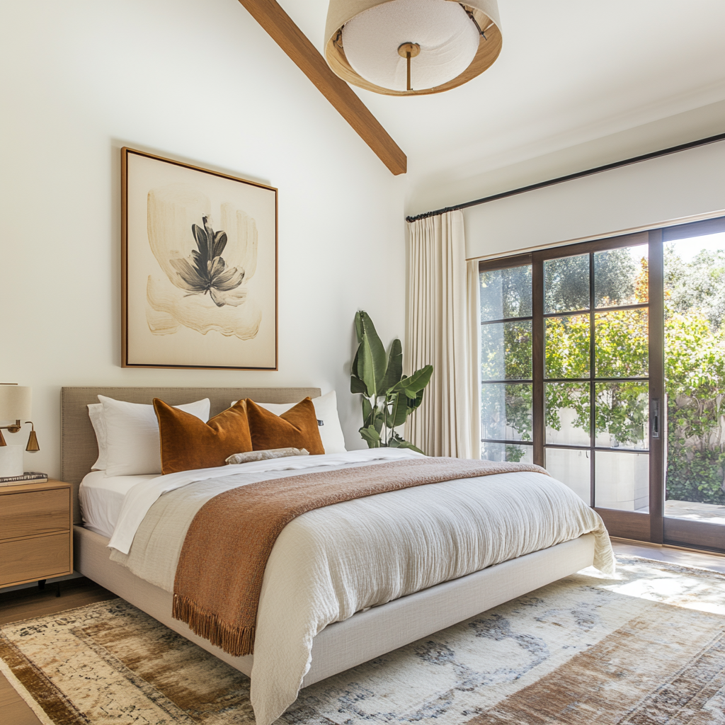 Contemporary bedroom with high ceilings centered around artwork.