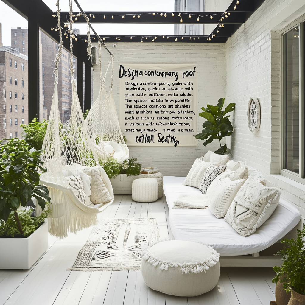 Contemporary boho-style roof garden with modern twist all-white.