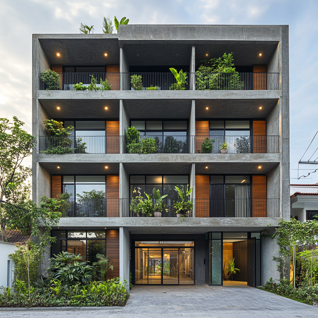 Contemporary building with 8 floors and balconies.