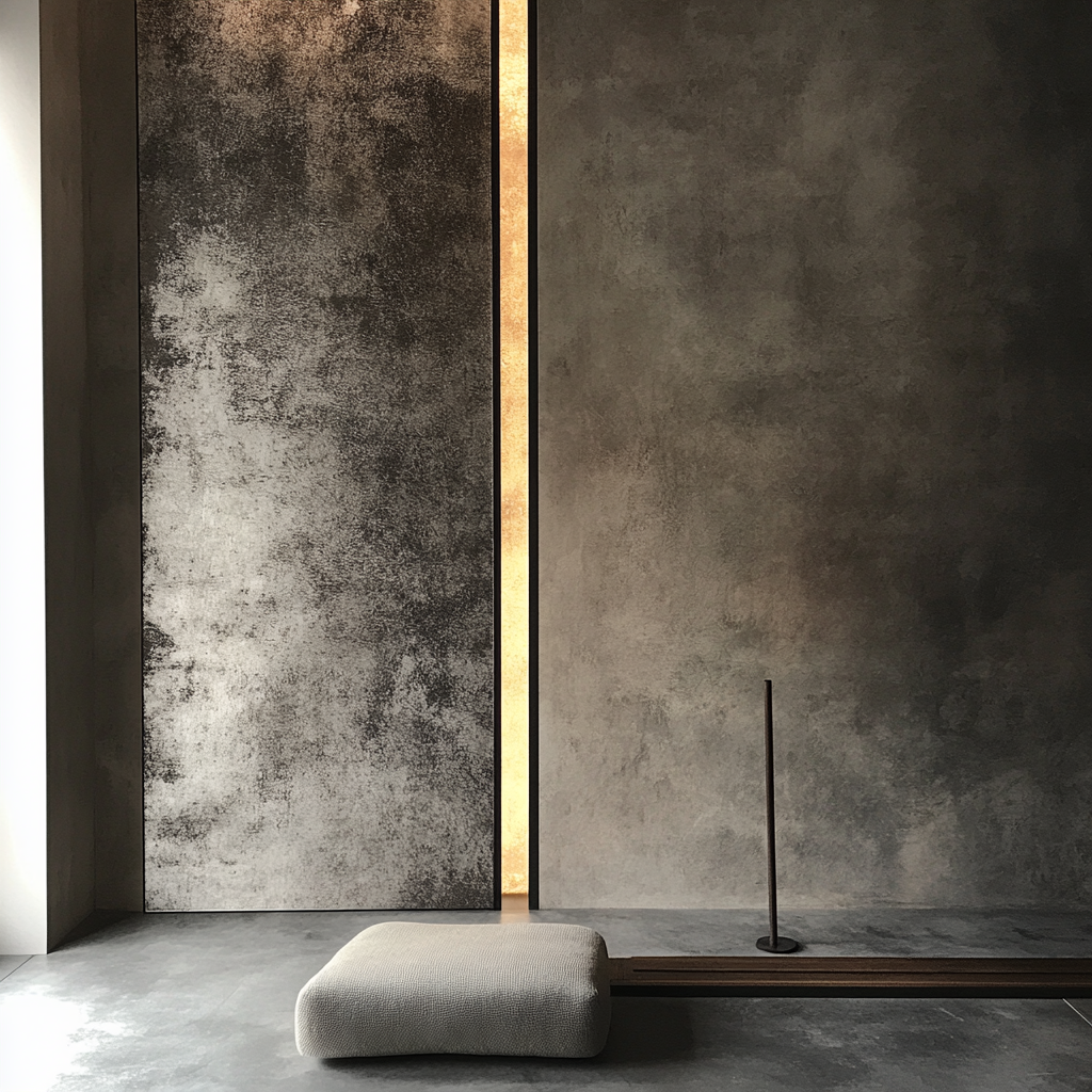 Contemporary design with Japanese inspiration, natural materials, low lighting.