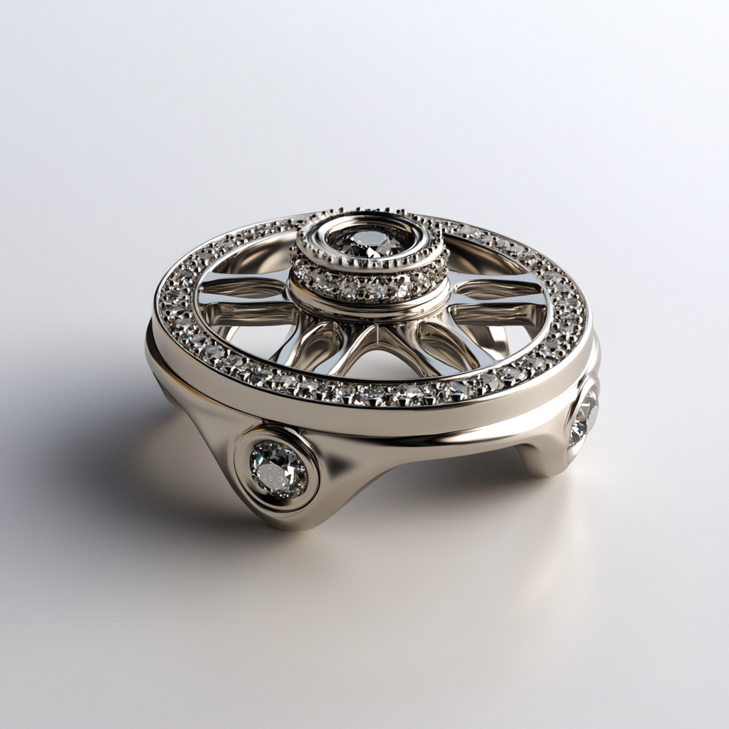 Contemporary fidget spinner ring with sparkling gemstone accents.