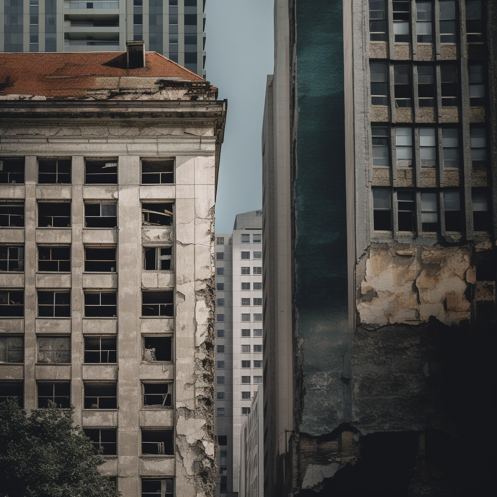 Contrast of old and new buildings, split photo