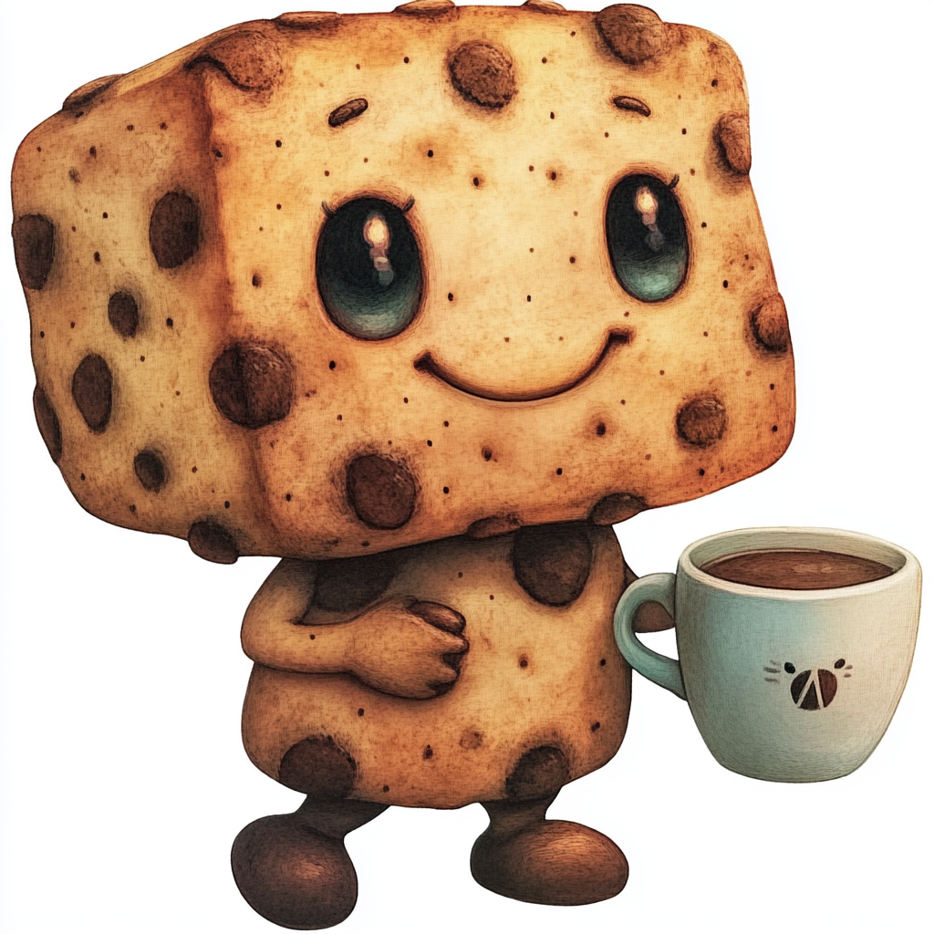 Cookie character holding coffee with warm, welcoming expression.