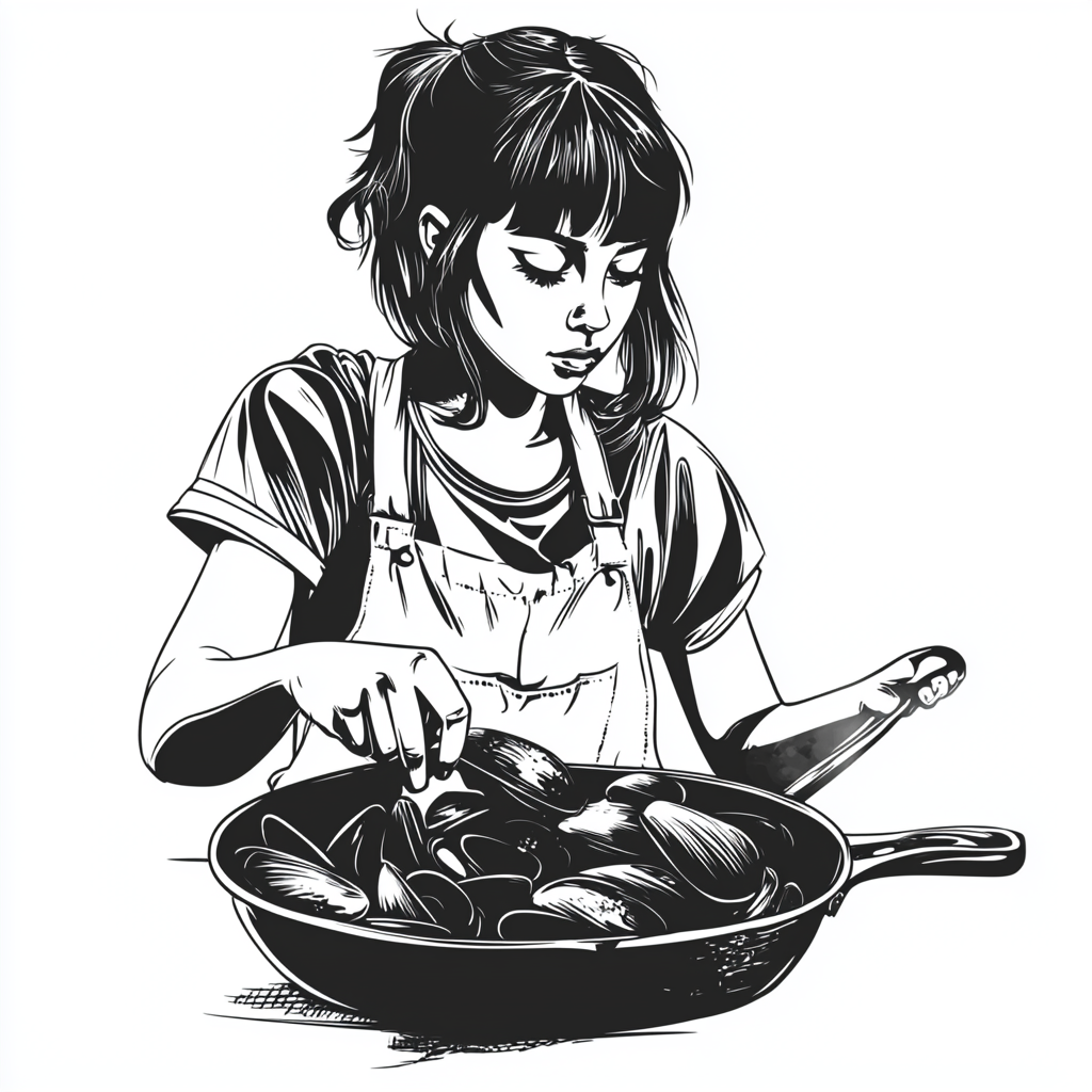 Cooking mussels in Tim Burton's style drawing.