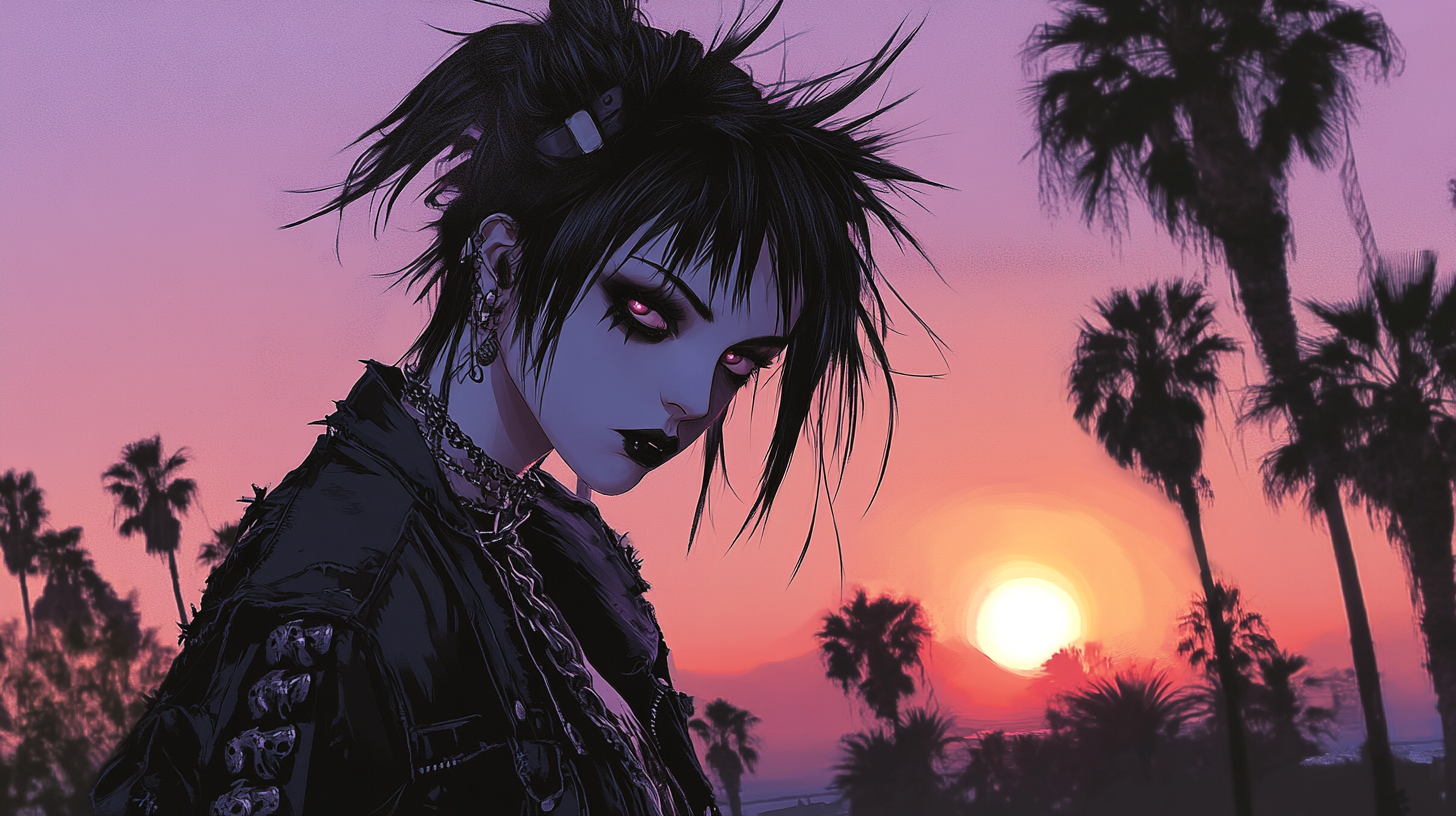 Cool Gothic Girl at Sunset with Palm Trees