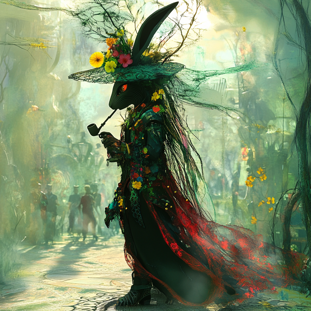 Cool Steampunk Rabbit with Pipe Walking Through Trees