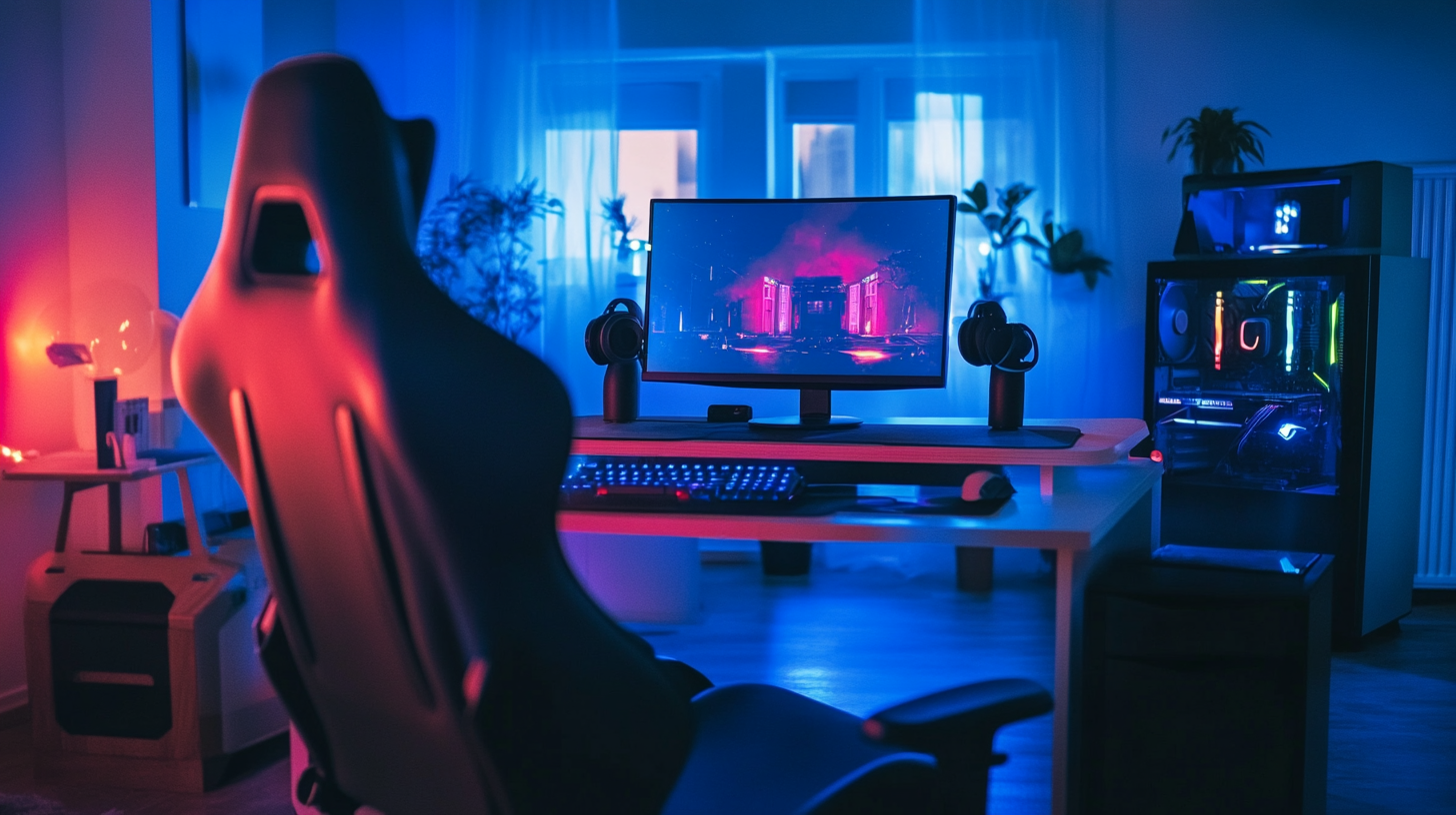 Cool gaming room with RGB lights, gaming chair.