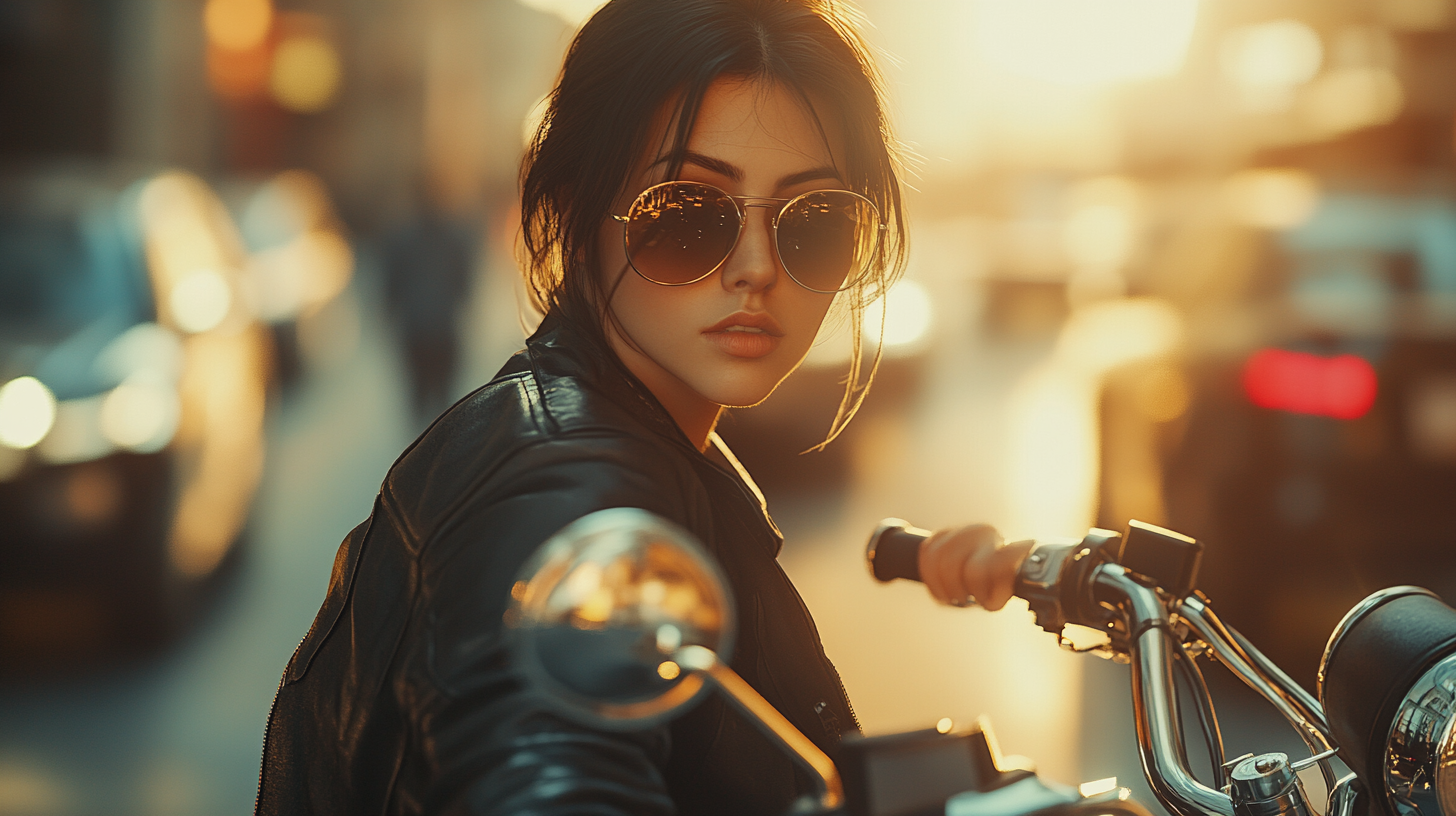 Cool girl on motorcycle, looking at camera