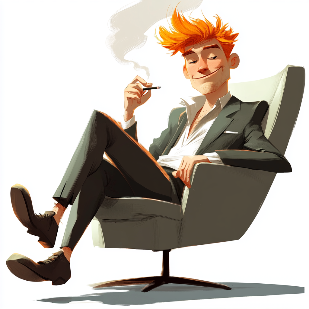 Cool guy with orange curls sitting smoking. Smiling.