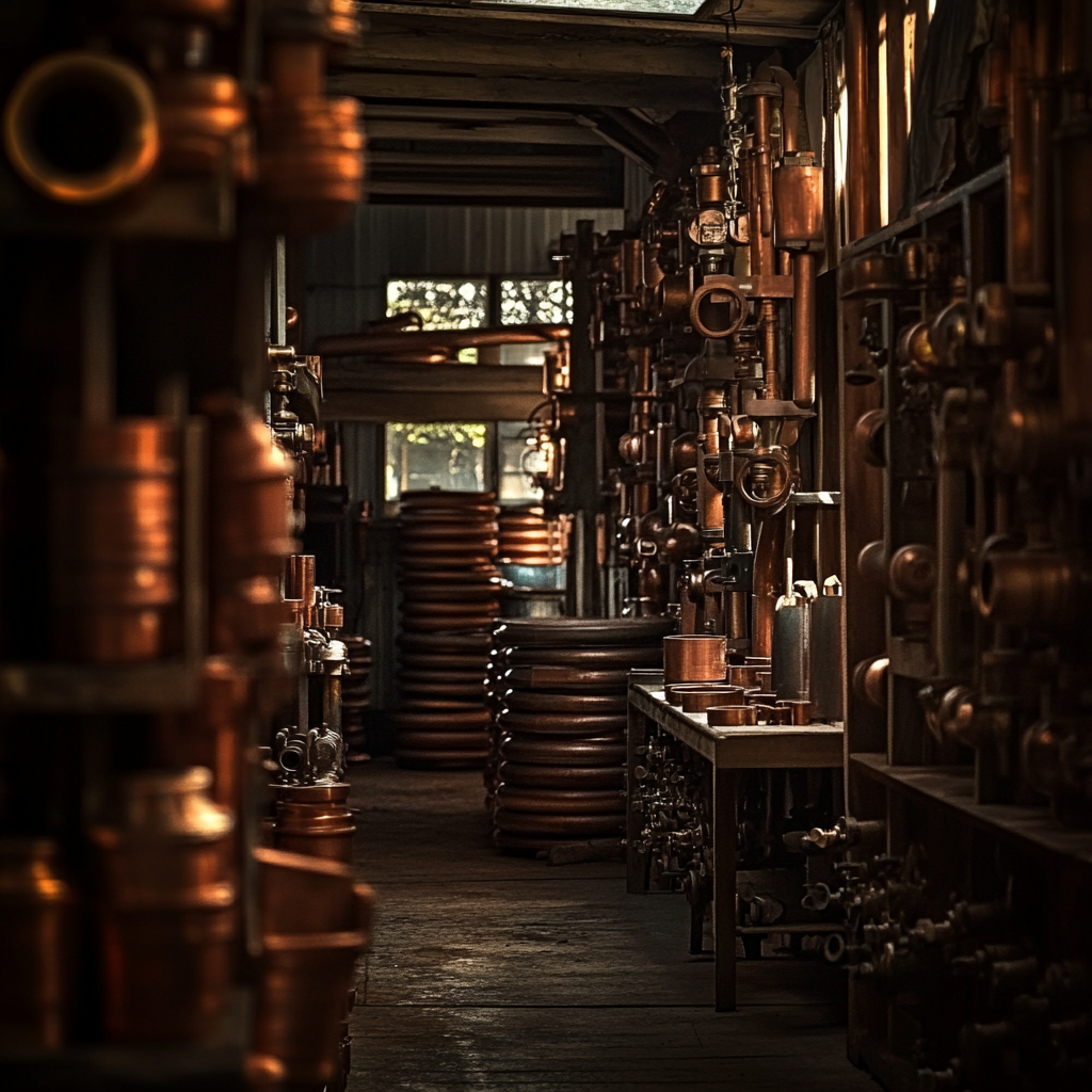 Copper Workshop with Shiny Equipment and Warm Light