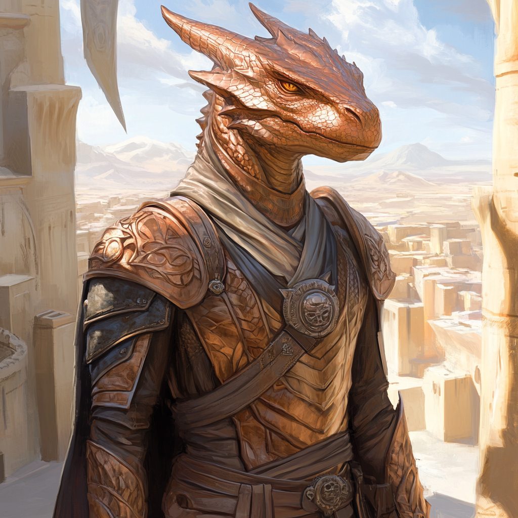 Copper dragon humanoid male in light armor art.