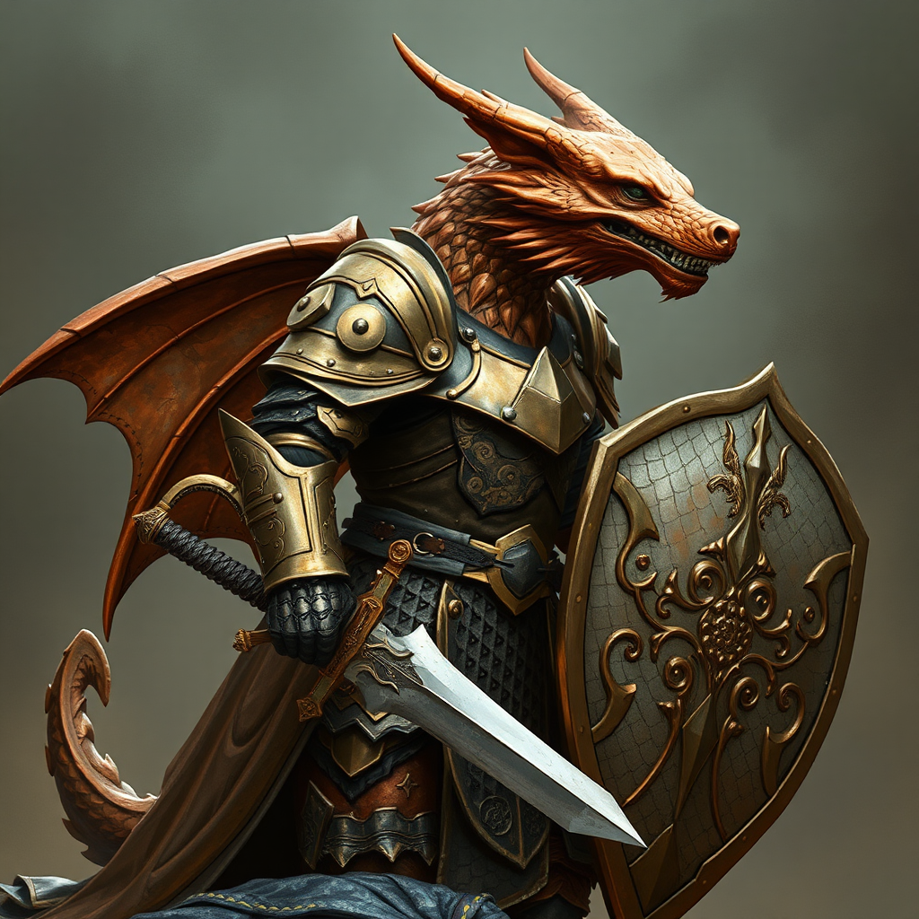 Copper dragonborn wears armor, wolf cape, sword, shield.