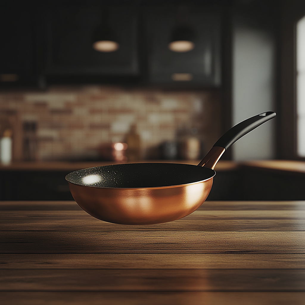 Copper frying pan floats in fancy kitchen